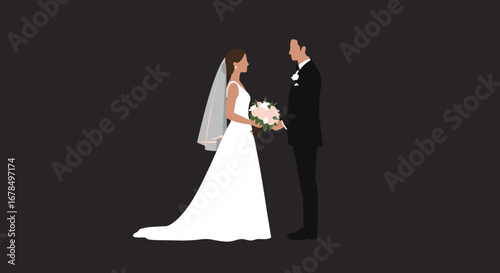 Elegant wedding silhouette of bride and groom on a dark background