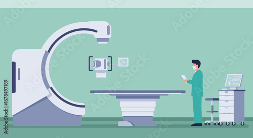 Modern medical imaging room with c-arm machine and doctor in mask