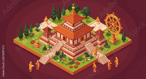 Isometric buddhist temple scene with monks in meditation and garden elements