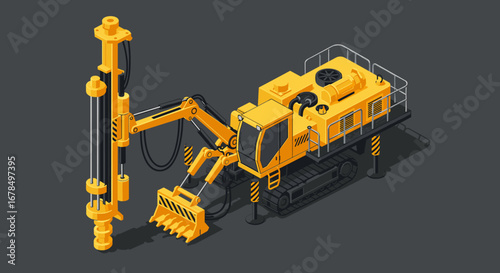Isometric yellow drilling machinery on dark grey background