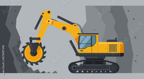 Heavy machinery excavator with hydraulic rock wheel in quarry environment