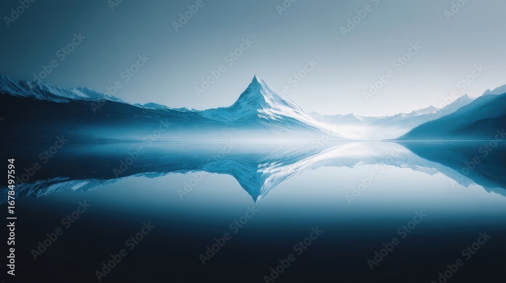 Fototapeta premium A majestic snow-capped mountain reflects in the tranquil waters of a serene lake,