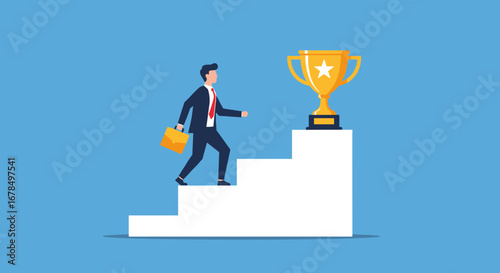 Businessman climbing steps towards trophy symbolizing success and achievement