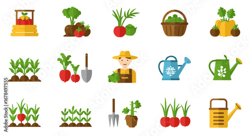 Colorful flat design farming set with farmer, vegetables, and garden tools