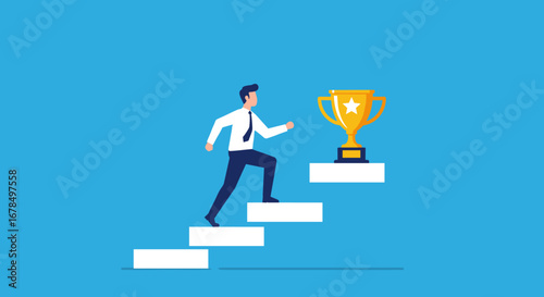 Businessman climbing stairs towards golden trophy symbolizing success and achievement