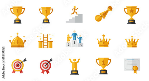 Award icons set with trophies, crowns, and medals in flat style