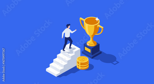 Achieving success: isometric man climbing stairs to golden trophy