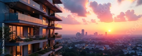 Modern condominium building with sleek architecture and balconies overlooking a cityscape at sunset Luxury apartments, urban living, city views, residential complex , horizon, residence