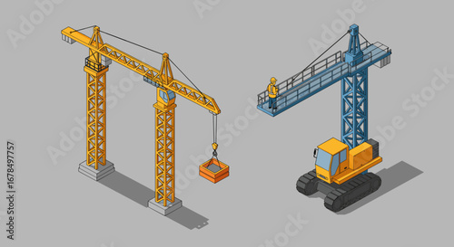 Isometric construction cranes on gray background with detailed architecture elements