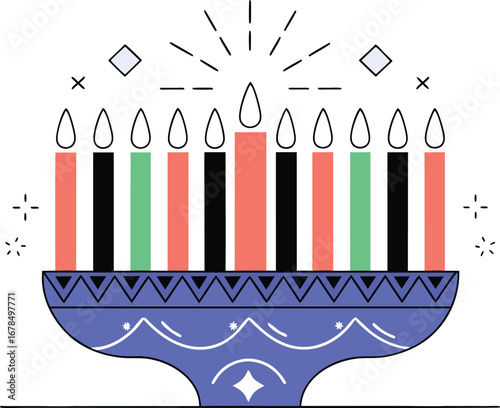 Vibrant kinara illustration with colorful candles, celebrating kwanzaa and african heritage