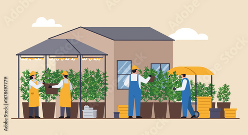 Flat design urban gardening scene with workers and greenhouse
