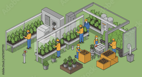 Isometric indoor farming operation with workers monitoring plant growth