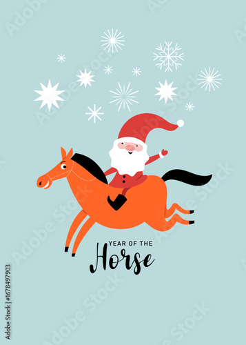 christmas card with santa and horse
