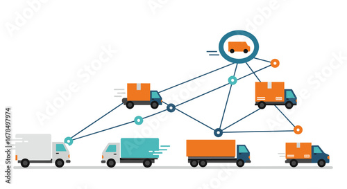 Logistics network concept with diverse delivery trucks and connected nodes