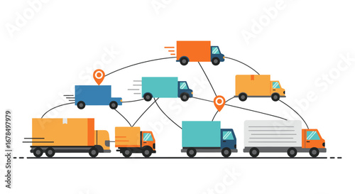 Colorful flat delivery trucks and shipping route network illustration