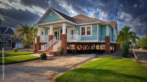 A large house with blue siding and white trim sits elevated on stilts, featuring a warm brown shingle roof.
