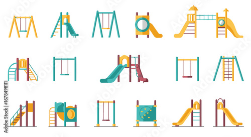 Colorful playground equipment collection with swings, slides, and climbing structures