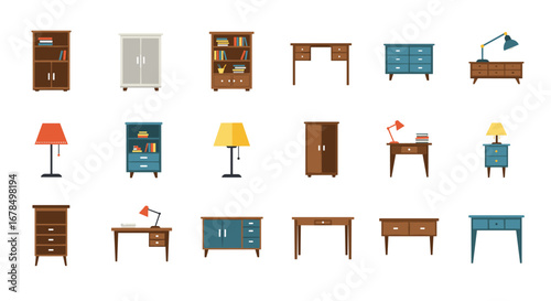 Mid-century modern furniture set with cabinets, tables, lamps, and shelves