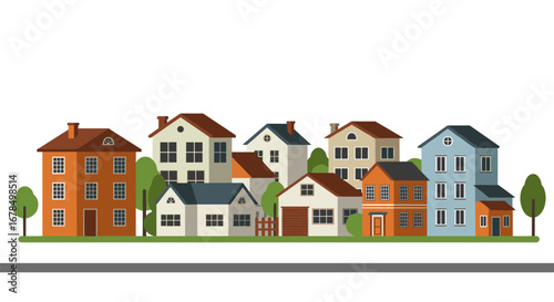 Modern neighborhood with diverse houses and trees in flat design style