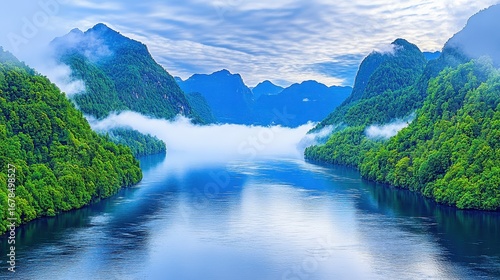 Serene River Surrounded by Lush Green Mountains and Misty Clouds