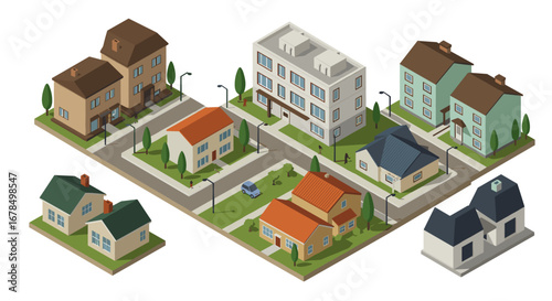 Isometric neighborhood with diverse homes and streets
