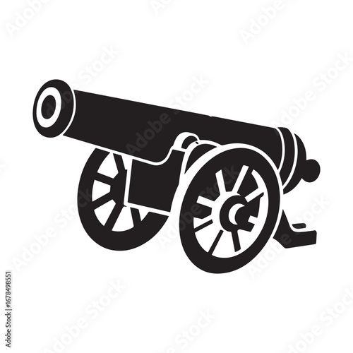  A black and white illustration of a cannon in a minimalist style. 