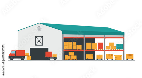 Modern warehouse with delivery trucks and shipping containers in flat design