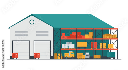 Modern warehouse with storage shelves and industrial equipment in flat design