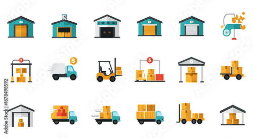 Warehouse and logistics icons set featuring delivery trucks and storage facilities