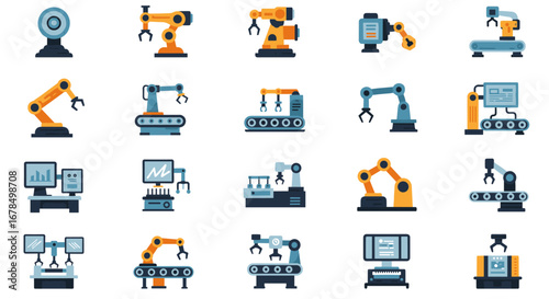 Industrial robotics icons set featuring robotic arms in flat design style