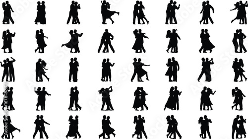 Black silhouette vector illustration of multiple dancing couples in various poses, ballroom, tango, waltz, salsa, romantic dance, performance concept