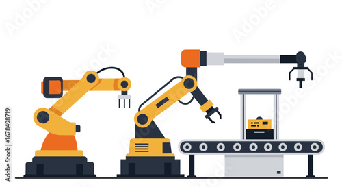 Robotic arms on factory conveyor belt in industrial automation scene