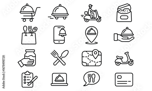 Sleek line art delivery icons for food apps and restaurant promotions, illustrating swift service, order tracking, and convenient online ordering in a clean modern graphic style