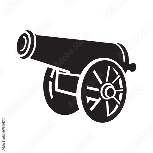  A black and white illustration of a cannon in a minimalist style. 