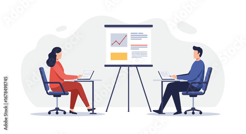 Business presentation in flat design with colleagues analyzing data on a flip chart