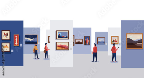 Art gallery visitors admiring contemporary exhibits in modern museum setting