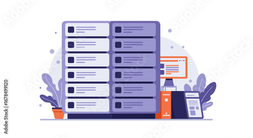 Flat design data center with server racks and technology elements