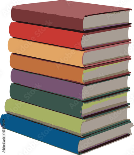 Stack of colorful hardcover books arranged in a neat pile on transparent background