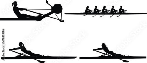 Black silhouette rowing illustrations showing indoor rowing machine, competitive team rowing, and single scull rowers in various professional water sport activities