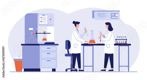 Modern laboratory scene with scientists conducting experiments in flat design