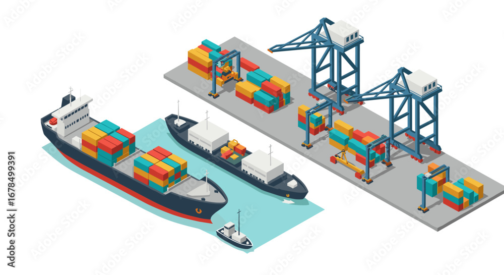 Isometric cargo port with shipping containers and cranes Isometric cargo port with shipping containers and cranes