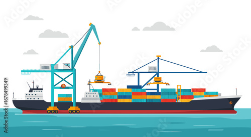 Container ship with cranes at sea in flat style