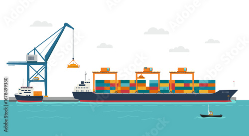 Cargo ships and crane at sea port with containers and boats