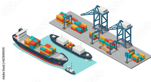 Isometric cargo port with shipping containers and cranes