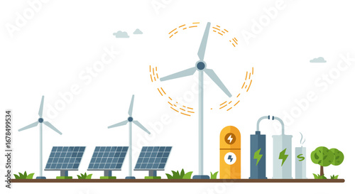 Renewable energy sources with wind turbines and solar panels in flat design