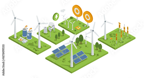 Isometric renewable energy park with wind turbines and solar panels