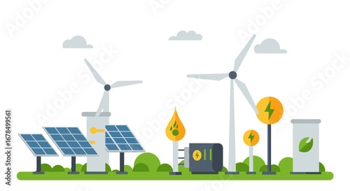 Renewable energy sources with solar panels and wind turbines in a flat design