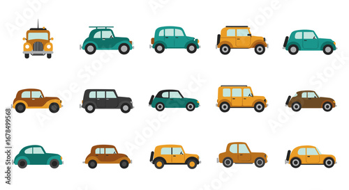 Vintage and modern car collection in flat style