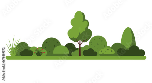 Flat style green garden with trees and bushes on white background
