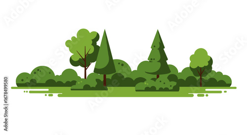Simple flat style green forest scene with trees and bushes on white background